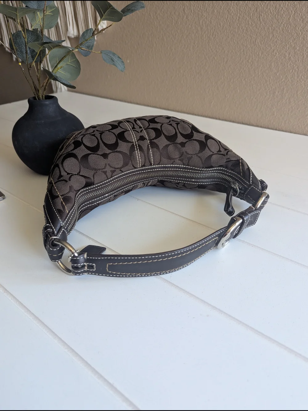 Vintage Coach SohoSignature Canvas HoboShoulder Bag in chocolate brown.